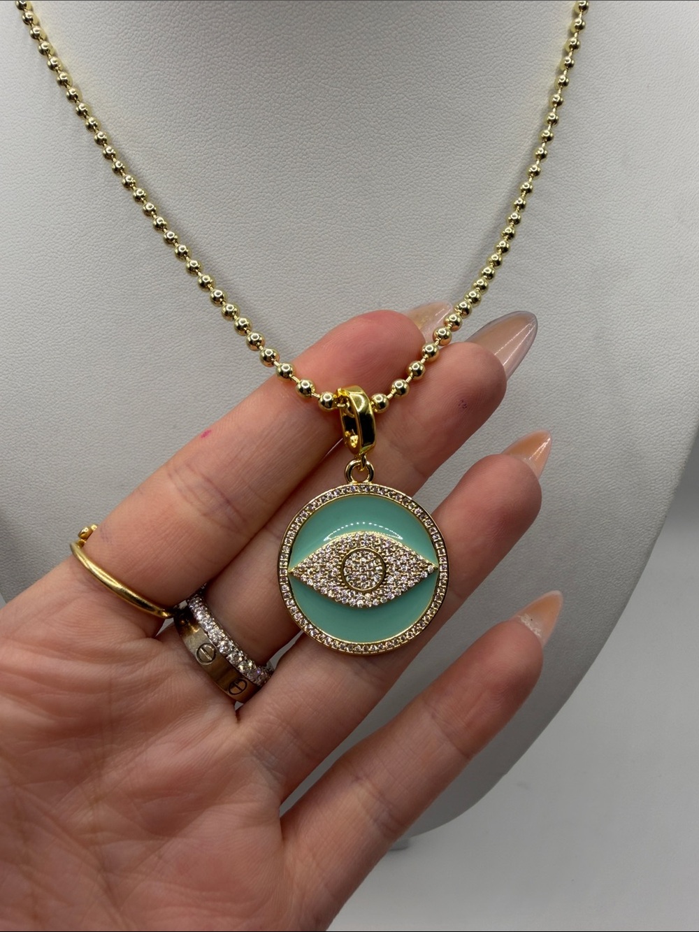 196. 18k Gold Plated Green Enamel Evil Eye Pendant Necklace 18”